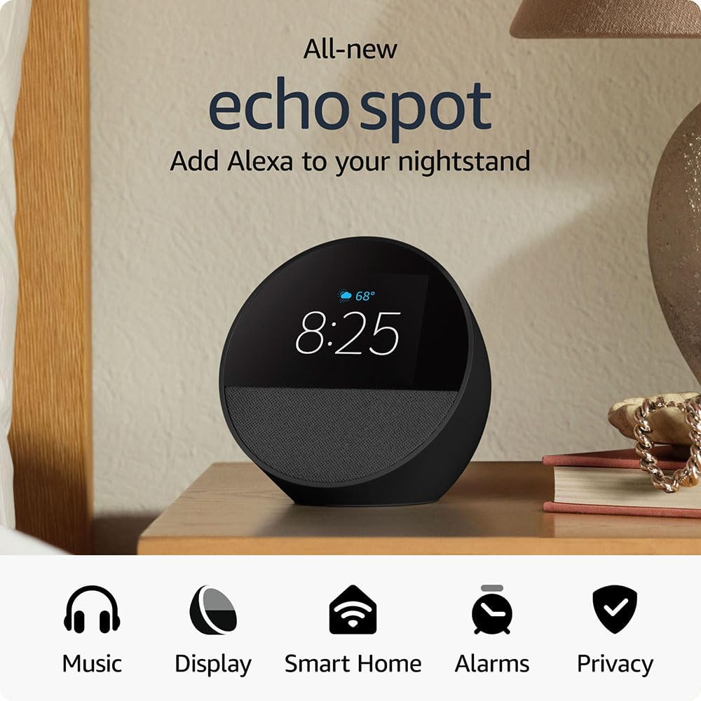 All-new Amazon Echo Spot (2024 release), Smart alarm clock with vibrant sound + Alexa, Ocean Blue