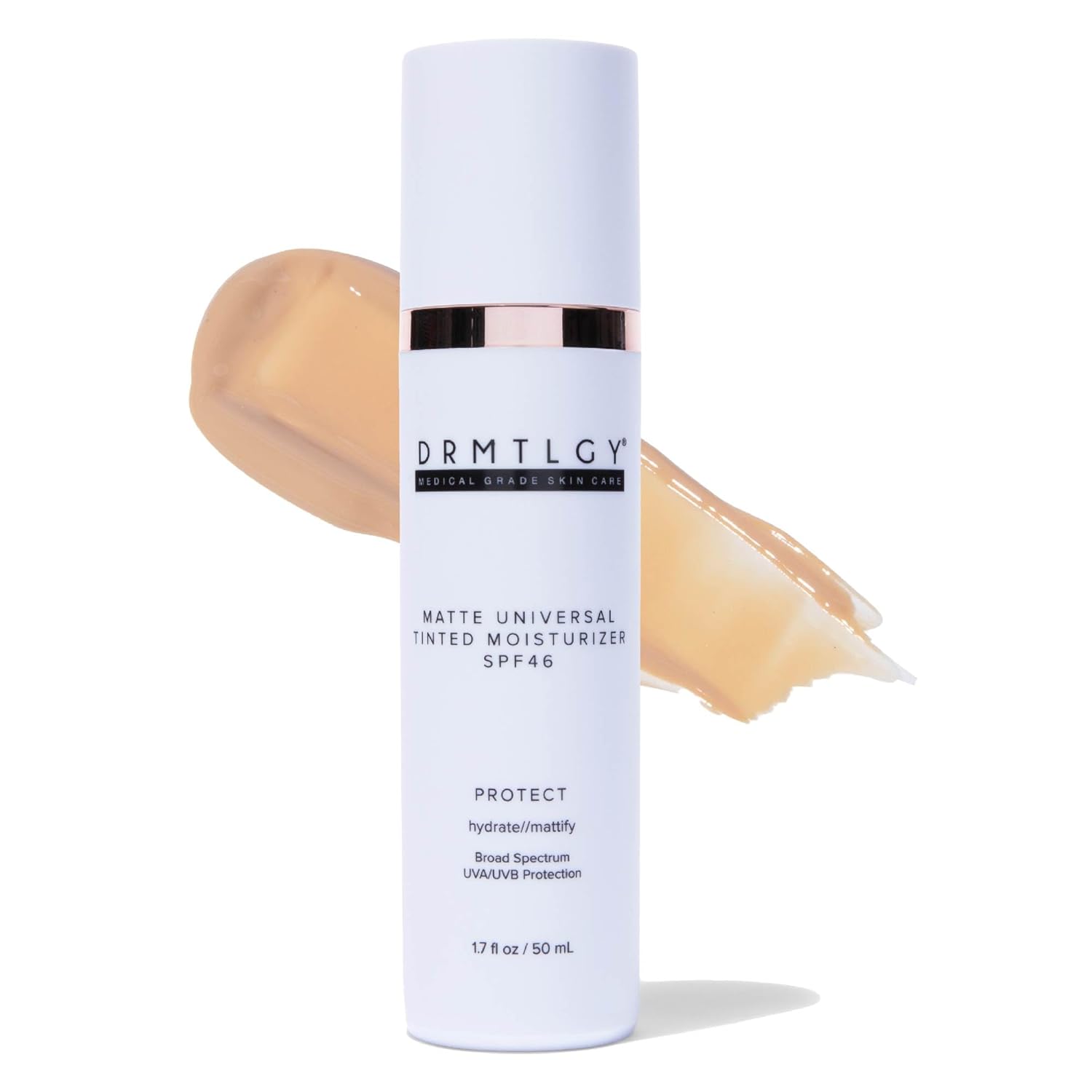 DRMTLGY Anti-Aging Tinted Moisturizer with SPF 46. Universal Tint. All-In-One Light Coverage Sheer Tinted Face Sunscreen with Broad Spectrum Protection Against UVA and UVB Rays. 1.7 oz
