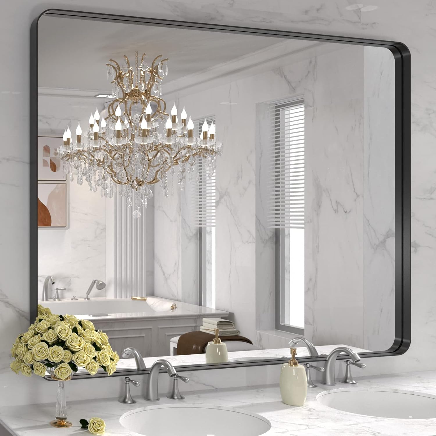 LOAAO Black Metal Framed Bathroom Mirror for Wall, 22X30 Inch Rounded Rectangle Mirror, Matte Black Bathroom Vanity Mirror Farmhouse, Anti-Rust, Tempered Glass, Hangs Horizontally or Vertically