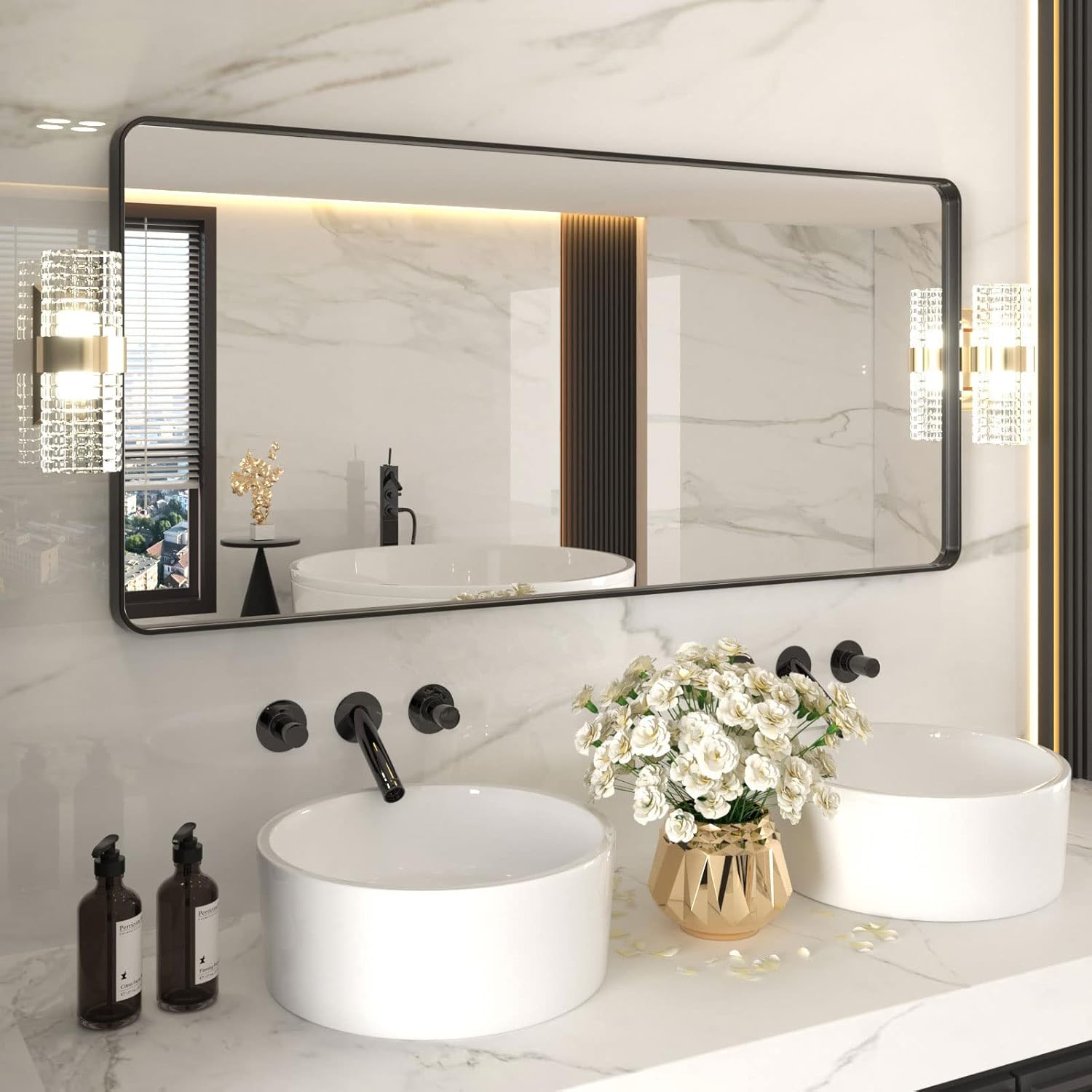 LOAAO Black Metal Framed Bathroom Mirror for Wall, 22X30 Inch Rounded Rectangle Mirror, Matte Black Bathroom Vanity Mirror Farmhouse, Anti-Rust, Tempered Glass, Hangs Horizontally or Vertically