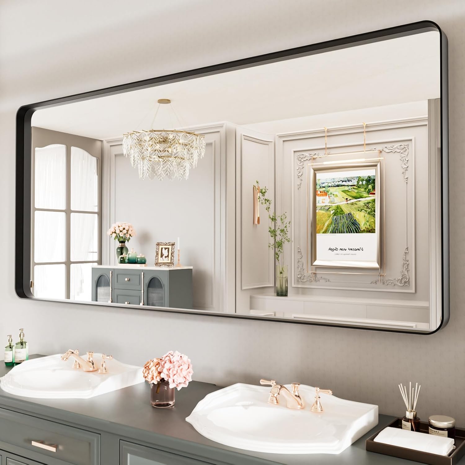 LOAAO Black Metal Framed Bathroom Mirror for Wall, 22X30 Inch Rounded Rectangle Mirror, Matte Black Bathroom Vanity Mirror Farmhouse, Anti-Rust, Tempered Glass, Hangs Horizontally or Vertically