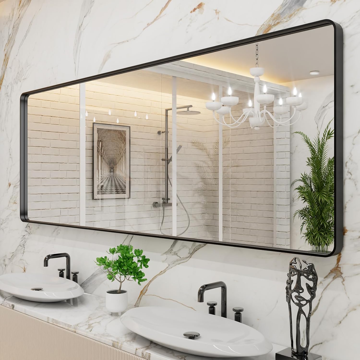 LOAAO Black Metal Framed Bathroom Mirror for Wall, 22X30 Inch Rounded Rectangle Mirror, Matte Black Bathroom Vanity Mirror Farmhouse, Anti-Rust, Tempered Glass, Hangs Horizontally or Vertically